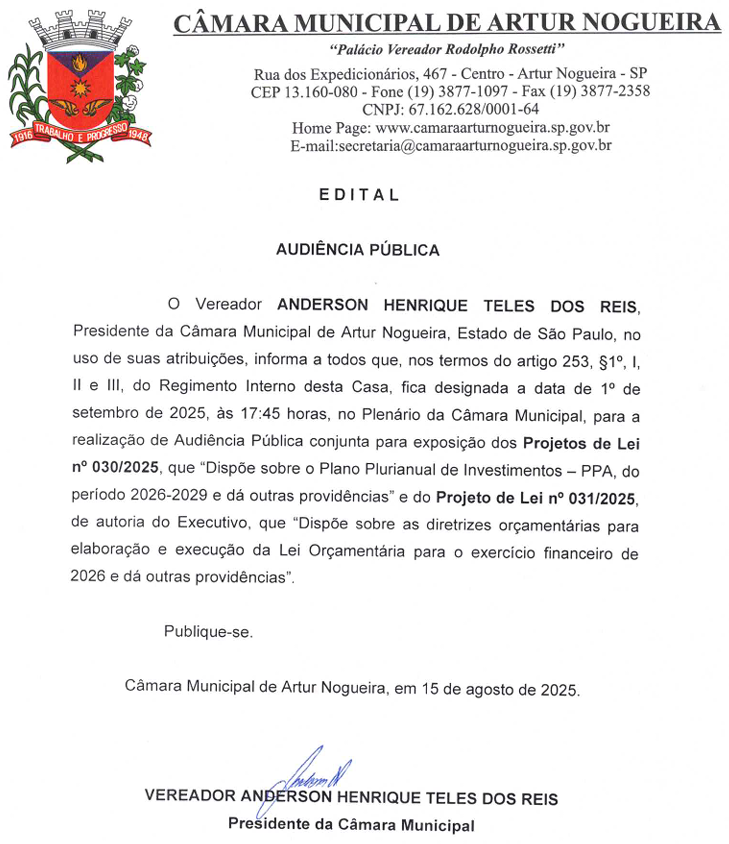 EDITAL AUDI&Ecirc;NCIA P&Uacute;BLICA ldo 2026 e ppa 2026-2029